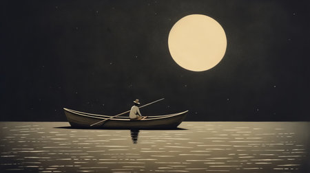 cartoon montage of people in a boat at night, inspired by classic japanese simplicity and the minimalist painter from 1900-1917. the illustration features a light yellow and dark silver color palette, with hauntingly beautiful and deep shadowed elements. the artwork draws influence from indonesian art. ai generatedの素材