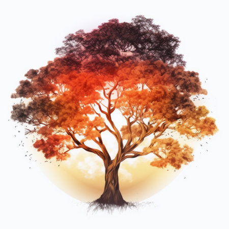 autumn tree seamless vector illustration featuring vibrant autumn colors against a white background. this realistic style artwork incorporates fantasy elements, anamorphic lens flare, mist, and circular shapes. the design is organically inspired, with tropical symbolism and a matte photo finish. ai generatedの素材