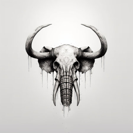 an elephant skull illustration, hand-drawn with dripping paint, showcases a minimalistic composition. this unique artwork combines elements of apocalyptic visions, realistic animal portraits, and cypherpunk aesthetics. the result is a captivating and thought-provoking illustration that merges various artistic styles into one visually striking piece. ai generatedの素材