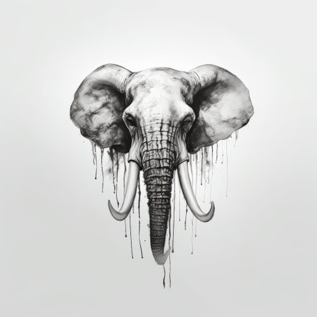 elephant's natural body tattoo: an illustration of an elephant's face, showcasing a unique design resembling dripping paint. this artwork embraces conceptual minimalism, realistic perspective, and a color palette of dark white and gray. the tattoo exhibits a mottled, emancicore appearance with scratched details, adding depth and texture to the overall composition. ai generatedの素材