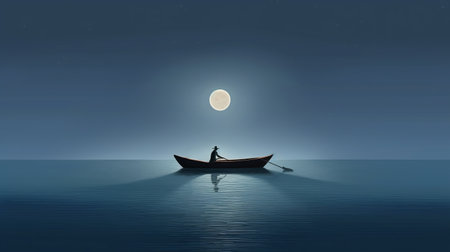 two people on a boat under the luminous moonlight, captured in a realistic scenery style. the low resolution adds a touch of nostalgia to this depiction of rural life. the artwork showcases the beauty of simplistic vector art merged with photorealistic painting techniques, creating a captivating and atmospheric composition. ai generatedの素材