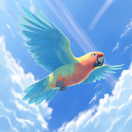 cartoon parrot flying in the sky with a blue sky backdrop. the parrot is depicted in a photorealistic painting style, showcasing light crimson and light amber colors. the artwork features bold, manga-inspired characters and naturalistic animal paintings. rendered in maya, the parrot stands out with its flat shading technique. ai generatedの素材