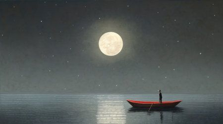 the full moon shines brightly in this artwork displayed at the robert millar art gallery. inspired by the minimalistic serenity of quint buchholz's style, the piece also draws influence from artists such as mikalojus konstantinas ciurlionis and tatsuo miyajima. the sparkling water reflections and flat, limited shading create an impressionistic atmosphere. ai generatedの素材
