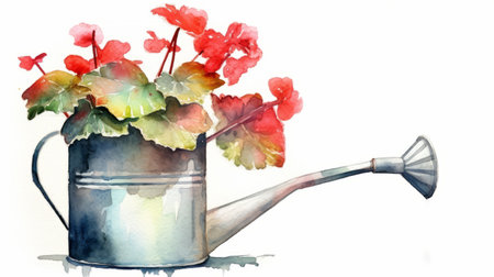 watering can with flowers watercolor clipart illustration, featuring a realistic still life painting in the style of light silver and light red. this beautiful artwork, created in the quadratura technique, is a commissioned piece for absinthe culture. captured with a pentax 645n camera, this image showcases the delicate beauty of flowers in a watering can. ai generatedの素材