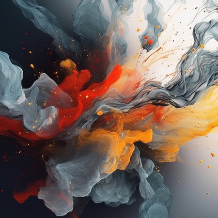 abstract painting featuring a vibrant mix of orange, yellow, and blue liquid. the dark red and dark gray accents add depth to the colorful explosions within the artwork. flowing fabrics and ethereal illustrations create a conceptual art piece that blurs the line between abstraction and creation. the hyper-realistic depiction of water adds a mesmerizing touch to this captivating composition. ai generatedの素材