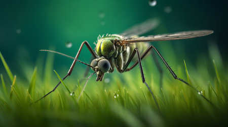 an insect perches on a lush green grassy field, adorned with rain droplets. this hyper-detailed and realistic rendering by mike campau captures the intricate beauty of nature. the insect's shiny eyes glisten, adding to its mesmerizing allure. the image embodies the essence of changelingcore and showcases the stunning effects of rtx technology. the slender figure of the insect harmoniously blends with the surrounding environmental elements.の素材