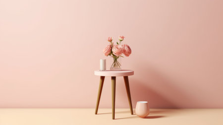 pink ceramic vase and vase on table in modern design 3d render illustration. the rendering showcases a captivating floral still life in the style of light orange and beige. created by carl kleiner, this minimalist spare simplicity adds a contemporary candy-coated touch to any space. this high-definition image is a stunning addition to any interior design project. ai generatedの素材
