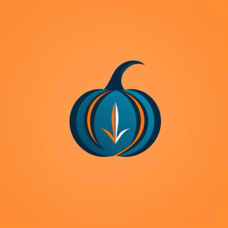 a logo featuring a pumpkin against an orange background, designed in a minimalistic style with dark blue and cyan accents. this indonesian art-inspired logo showcases open form and seamlessly merges natural and man-made elements. with a touch of hermitpunk aesthetic, the logo boasts a streamlined and sophisticated design. ai generatedの素材
