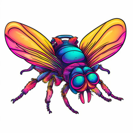 a bee with vibrant and colorful wings and tail, showcasing a futuristic psychedelia style. the realistic graffiti-inspired artwork features hand-coloring techniques, creating eye-catching compositions with vibrant color gradients. the bee stands out with its magenta and blue hues, making it a visually captivating subject. ai generatedの素材