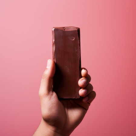a hand holding an unwrapped chocolate bar is showcased against a vibrant red background. the photo captures tonal sharpness and incorporates elements of pinkcore, jonas burgert's style, and forced perspective. shot on 70mm, the image exudes a smooth and polished aesthetic, with bold and busy elements. ai generatedの素材