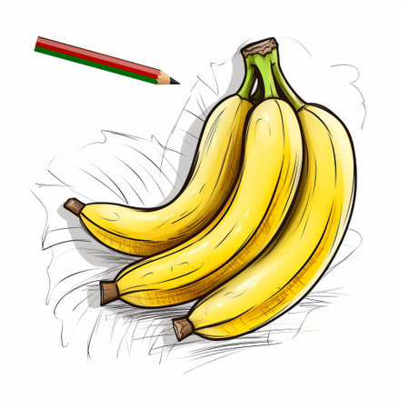 ripe banana with two colors and pencil on a white background, in the style of dynamic sketching, storybook illustration, outlined art, still life studies, and illustration. ai generatedの素材