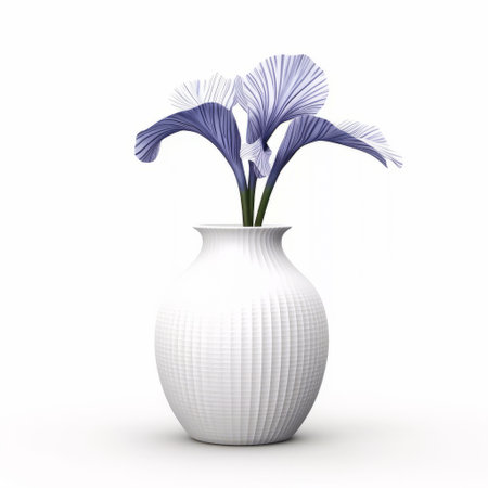 blue flower in a vase, 3d illustration with a dark white and light purple color scheme. the style is reminiscent of inio asano's striped arrangements. the porcelain vase stands on a white background, with subtle use of light and shadow. this captivating image can be found on flickr. ai generatedの素材