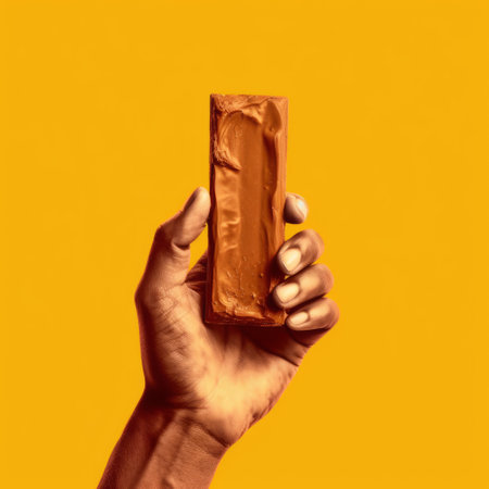 a person's hand holds a chocolate bar against a vibrant background of red, orange, and yellow. the photo showcases hyperrealistic portraiture with a sleek metallic finish. shot on 70mm, it captures the essence of danish golden age art. the monochromatic sculptor's unadorned maquette adds a touch of simplicity to the composition. ai generatedの素材