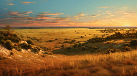 old world landscape painting featuring grassy hills and trees, rendered in the style of cinema4d. inspired by the works of artists such as rob hefferan, george catlin, and evgeny lushpin, this stunning artwork captures the essence of a serene countryside. the suffolk coast views and the play of light in amber and sky-blue hues add depth and beauty to this national geographic-worthy scene. ai generatedの素材