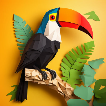 a toucan perched on a branch amidst lush foliage, against a vibrant orange backdrop. this captivating image showcases the intricate details of a sculptural paper construction, with elements of vray tracing, precisionist art, voxel art, and editorial illustrations. reminiscent of a national geographic photo, this low-resolution picture captures the essence of nature's beauty and artistic expression. ai generatedの素材