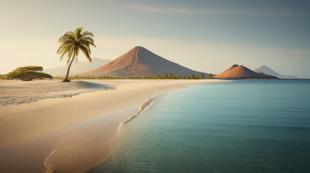 sri lankan beach and mountain 3d render, inspired by the art of tonga, showcases a mesmerizing blend of soothing color palettes. captured with a hasselblad h6d-400c, this matte photo exudes an enigmatic tropical vibe with its light bronze and orange tones. ai generatedの素材