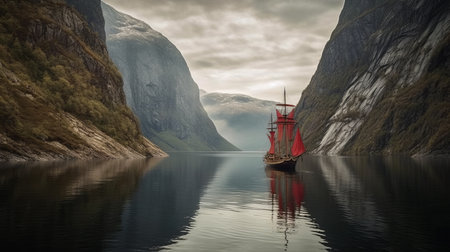a boat gracefully sails through a majestic fjord, surrounded by towering mountains in the background. this stunning photograph captures the essence of historical romanticism, with its dark red hues and intricate details of the ship's sails. the 32k uhd resolution brings out the beauty of this romantic depiction of a historical event, making it a truly breathtaking national geographic photo. ai generatedの素材