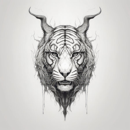 a tiger head, inked on the ground, showcases detailed science fiction illustrations. the monochromatic symmetry and mist-like appearance add to its allure. the intricate cross-hatching, dark white, and dark gray tones create a mesmerizing effect. dripping paint and intricate minimalism further enhance the overall composition. ai generatedの素材