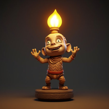 a doll-like object with a candle on top, featuring detailed character design reminiscent of the styles of zbrush, the brothers hildebrandt, ramses younan, and alex petruk ape. this cartoon-like character, known as the "lit kid," showcases a unique blend of artistic influences. ai generatedの素材