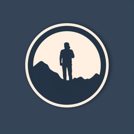silhouette icon of a person on top of a mountain, showcasing a realistic landscape with soft, tonal colors. the dark navy silhouette stands out against the tondo-shaped innovative page design. captured with a fisheye lens, the matte background adds depth to the image. the use of paper adds a unique touch to this visually striking composition. ai generatedの素材