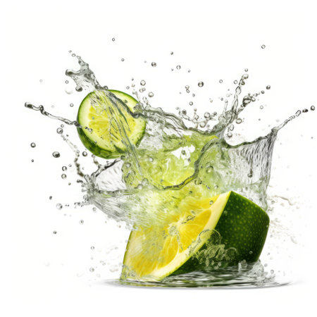a photorealistic image of a lime splash, with water splashing around it, captured on a white background. the transparent splashing water adds a dynamic element to the composition. this image is reminiscent of the style seen in associated press photos, with graphics similar to those found in xbox 360 games. the elaborate fruit arrangements and contemporary modernist-type photography make this image visually striking. captured usingの素材