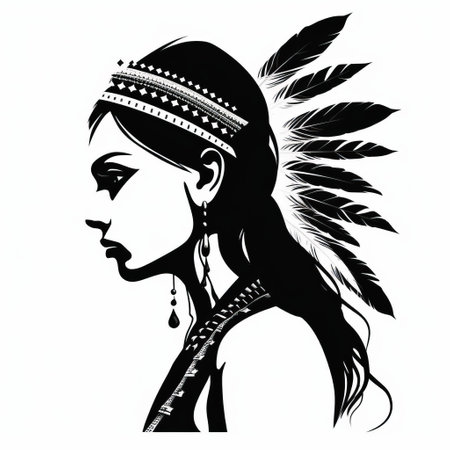 a woman wearing an indian headdress stands in a striking silhouette against a stark black and white background. this unique artwork combines elements of cartoon realism, stencils, tattoos, and historical painting. the image is available under the creative commons attribution license. ai generatedの素材