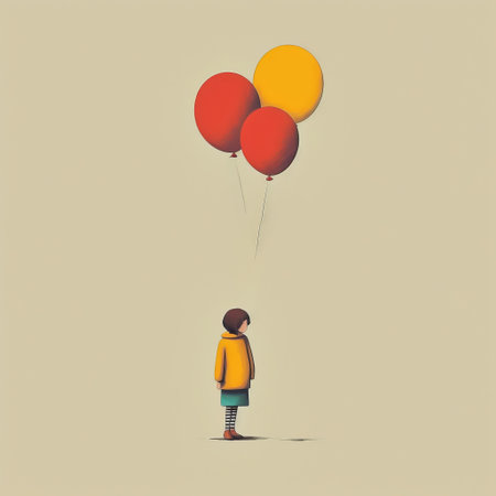 three kids, filled with joy and wonder, chase their dreams with colorful balloons in this captivating photo. set against a dark yellow and red backdrop, the image showcases a figurative minimalism style. hyper-realistic animal illustrations add a touch of whimsy to the poignant and minimalist portraits. the detailed character design and the use of 70mm film create a visually stunning composition. ai generatedの素材
