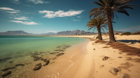 a scenic beach with palm trees, cliffs, and a sparkling sea is captured in this 32k uhd photograph by moosa al halyan. the bold and vibrant colors, reminiscent of eilif peterssen's style, showcase the beauty of the dark beige and light aquamarine palette. the crisp and clean composition transports viewers to the serene mediterranean landscapes. ai generatedの素材