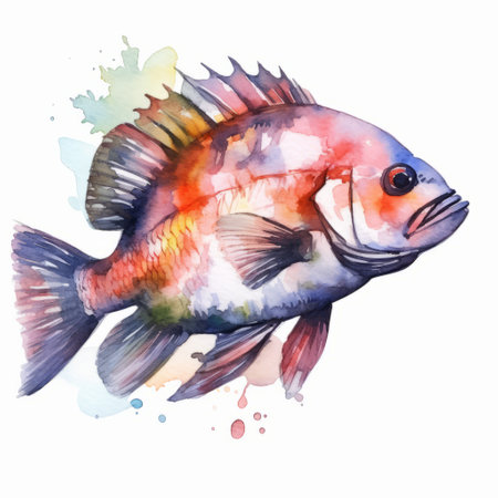 a colorful fish painted in watercolor on a white background. this vibrant artwork showcases a unique style combining dark cyan and light crimson hues. the cartoon-like depiction of the fish adds a playful touch to the overall composition. the explosive wildlife theme is enhanced by the fusion of bombacore, coralpunk, and salvagepunk elements. ai generatedの素材