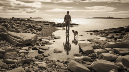 a man standing in water next to rocks, captured in the style of tami bone and william wegman. the photo, taken with a nikon d750, showcases the golden light and emphasizes linear perspective. the scene resembles the works of winslow homer, with a touch of dallmeyer 3b 75mm f19 super six anastigmat lens. ai generatedの素材