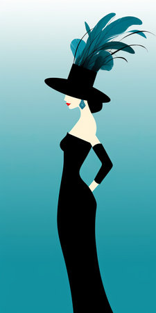a woman in black with a hat vector, priced at 1 credit usd 1. this illustration showcases a classic hollywood glamour style, with a combination of dark teal and light sky-blue colors. the design features modernist clean lines, graceful curves, and flat figures, creating a richly layered and dignified pose. ai generatedの素材