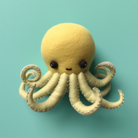 a baby yellow felt octopus plush animal soft toy, featuring a realistic and detailed rendering in the style of digital painting. this adorable plush is created using cinema4d and showcases a kawaii art aesthetic. the relief sculpture design is enhanced with a soft-focus technique, highlighting the light navy and light cyan colors. ai generatedの素材