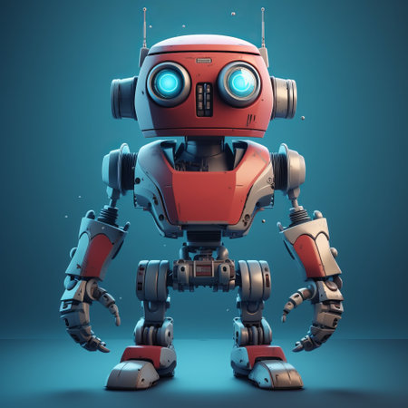 a red futuristic robot, dressed in red and blue, is depicted in this 3d render illustration. the artwork is inspired by the rinpa school, showcasing a combination of light orange and dark gray tones. the robot's design incorporates elements of random ravels, neo-dada, rounded shapes, nanopunk aesthetics, and typography. ai generatedの素材