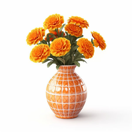 a white background showcases vibrant orange flowers arranged in a beautiful ceramic vase. this stunning image features a high-resolution, 8k 3d rendering with a depth of field effect. inspired by the style of canaletto, the flowers create a captivating visual with their zigzag pattern. rendered in unreal engine, this grid-based composition is a true work of art. ai generatedの素材