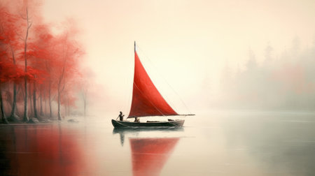 a red sail boat gracefully glides through the misty fog, capturing the essence of traditional oil-painting techniques. this captivating scene, reminiscent of romantic figurative works, showcases the artistic prowess of nature painter koson ohara. the soft brushstroke realism and painterly style create a romantic illustration that transports viewers to a serene and dreamlike world. ai generatedの素材