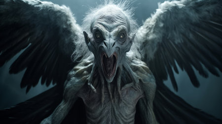 an evil creature with horns and wings, rendered in the style of godfried schalcken's life-like avian illustrations and raphael lacoste's ethereal, ghostly figures. the intense emotional expression on its face is accentuated by the creased, crinkled, and wrinkled features. ai generatedの素材