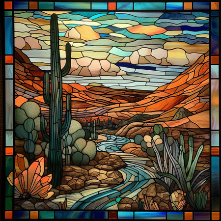 stained glass featuring a realistic desert landscape with cactus, showcasing soft tonal colors and richly detailed art nouveau style. the design captures the romantic riverscapes and dramatic splendor reminiscent of whistlerian art, with a color palette dominated by cyan and bronze hues. this phoenician-inspired artwork is a stunning fusion of nature and artistic craftsmanship. ai generatedの素材