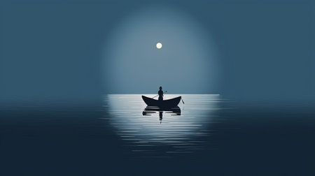 a man rowing in a boat in the dark, depicted as a silhouette against a romantic moonlit seascape. the minimalistic drawing style, with calming and flat elements, features limited shading in light cyan and silver. the illustration is inspired by folk art and showcases realistic scenery. ai generatedの素材