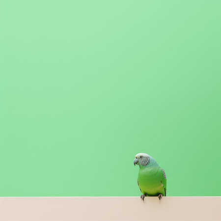 a blue parrot perches on a wall, surrounded by lush green scenery. this photo captures the essence of conceptual minimalism, with its light pink and light green tones. the minimalist color field enhances the parrot's presence, reminiscent of museum gallery dioramas. shot with a leica i, the image showcases the beauty of baroque animals with minimal retouching. ai generatedの素材