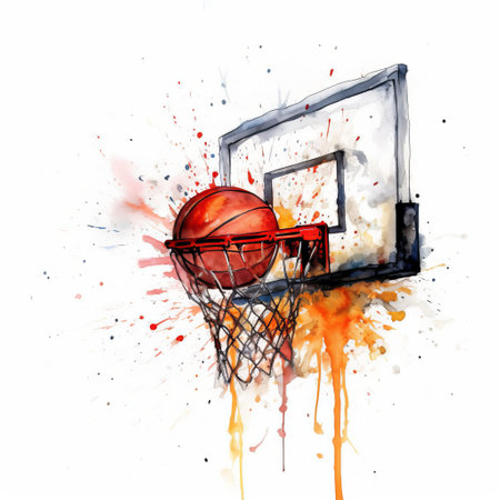 basketball and net in watercolor, showcasing an aggressive digital illustration style. this artwork features a poured paint technique, resulting in energy-filled illustrations reminiscent of chen zhen's work. the vibrant colors of red and amber bring life to the watercolor illustrations, creating textured and captivating visuals. ai generatedの素材