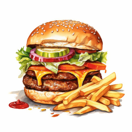 a realistic watercolor painting of a hamburger with french fries and lettuce is depicted in this transparent png image. the artwork showcases detailed character illustrations and incorporates elements of architectural illustration, neogeo, traditional oil-painting techniques, and pop art illustration. the vibrant colors and textured palette knife work add depth and visual interest to the composition. ai generatedの素材