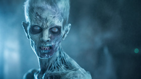 zombie portrait photo featuring a cryptid academia theme. this ultra hd image showcases a frozen movement of a zombie portrait in the style of dark aquamarine and sky-blue. with selective focus and tenebrous elements, this captivating artwork by ivan fedorovich choultse is sure to leave a lasting impression. ai generatedの素材