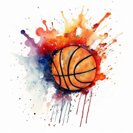 a basketball with watercolor splotches on a white background, featuring bold colors and brushwork. the kinetic elements of splattered and dripped paint create a visually striking effect. the princesscore theme is evident through the dark orange and dark crimson hues. this pop-inspired imagery showcases sharp attention to detail. ai generatedの素材