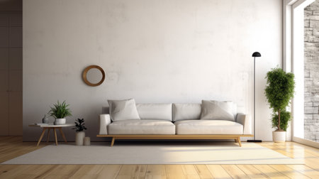 living room with white walls, white leather sofa, wooden floor, and large windows. the 3d rendering showcases a space designed in the style of primitive simplicity and oriental minimalism. the matte background enhances the minimalist abstracts, while the light gold and beige tones add warmth. the room is characterized by a found-object-centric approach and eco-friendly craftsmanship. ai generatedの素材