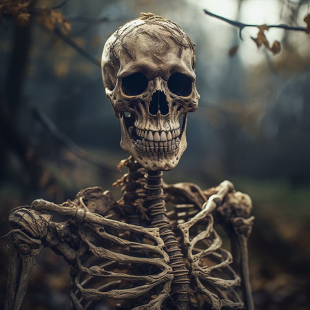 a human skeleton stands amidst a forest backdrop, with towering trees in the foreground. this eerie yet captivating image, reminiscent of social media portraiture, showcases photorealistic details. the darkly comedic undertone is enhanced by the strong facial expression of the skeleton. the low depth of field adds depth and intrigue to the composition, created by the talented artists berndnaut smilde and marcin sobas. ai generatedの素材