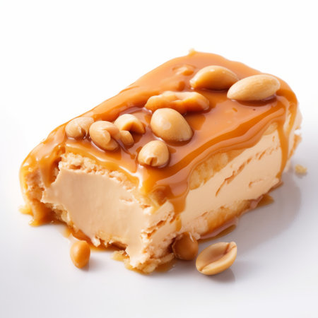 an ice cream sandwich filled with caramel and peanuts, resembling rectangular fields, featuring high detail and a raw, confrontational aesthetic. the sandwich has a shiny appearance and distinctive noses, showcasing elements of tachisme. ai generatedの素材
