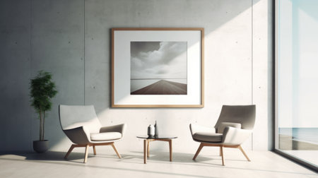 an empty white space featuring a framed image of a spaceship flying above a black couch on a white wall. this artwork, inspired by the style of akos major, showcases a sepia tone reminiscent of seaside vistas. the photograph, taken with provia film, draws inspiration from the calming symmetry found in the works of carl holsoe, while also incorporating depictions of inclement weather. ai generatedの素材