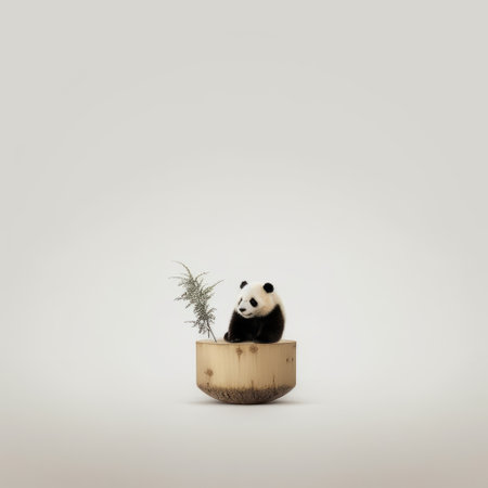 a panda sits gracefully in a bamboo basket, captured in a minimal retouching style reminiscent of artists jon klassen and jeremy geddes. the image showcases a 3d effect and isolated landscapes, reminiscent of patricia piccinini's work. the depth of field adds a captivating touch to this enchanting scene. ai generatedの素材
