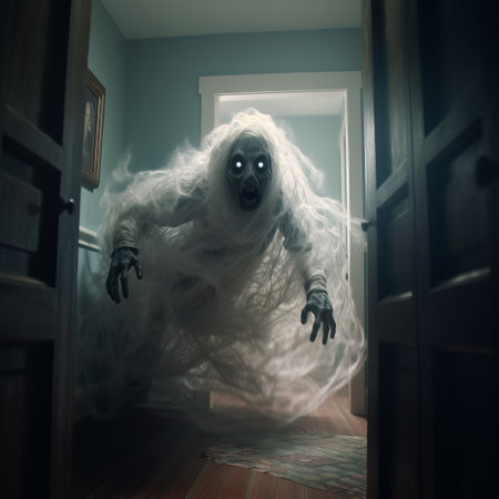 a ghost stands in the doorway, captured in a chilling photo rendered in cinema4d. the image showcases layered fibers and detailed costumes, creating a hauntingly realistic effect. this national geographic photo is a mesmerizing portrayal of supernatural creatures, with a tumblewave of emotions evoked in its 8k resolution. ai generatedの素材