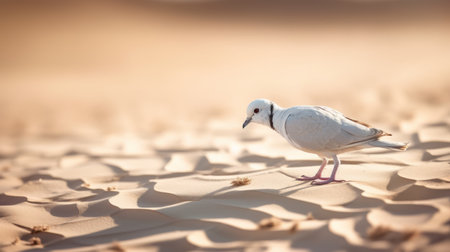 a white gull stands gracefully on the open sand, surrounded by golden sand dunes. this captivating photo, reminiscent of petros afshar's style, showcases a shallow depth of field and the unique perspective of ultraviolet photography. with a street photography vibe and backlit lighting, the image captures the gull's natural camouflage in a telephoto lens composition, blending seamlessly with its nature-inspired surroundings. ai generatedの素材